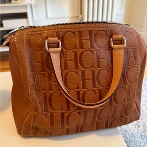 Like New - Carolina Herrera Andy 7 Tan Embossed CH Logo Leather Satchel